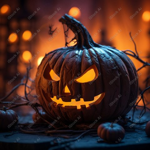 A carved pumpkin surrounded by strange Halloween lights, casting