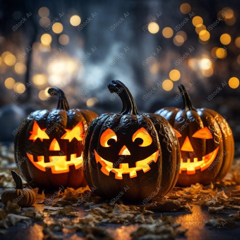 A carved pumpkin surrounded by strange Halloween lights, casting