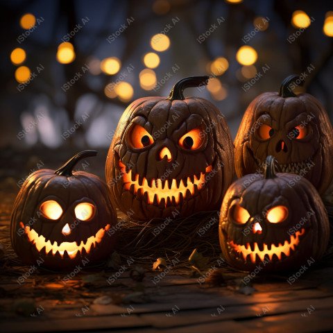 A carved pumpkin surrounded by strange Halloween lights, casting