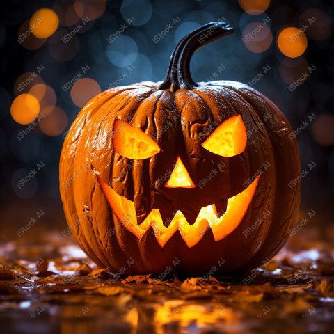 A carved pumpkin surrounded by strange Halloween lights, casting