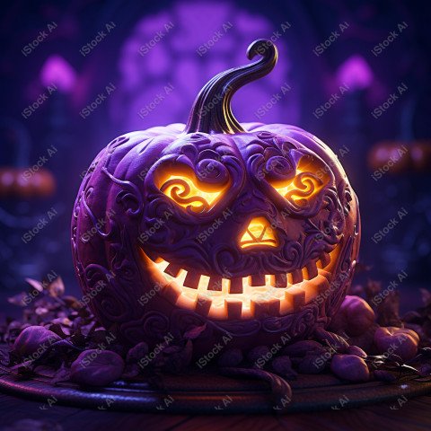 A pumpkin with Halloween lights against a purple background, exu