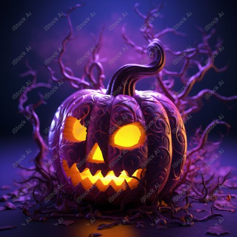 A pumpkin with Halloween lights against a purple background, exu