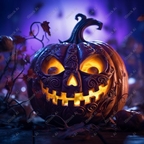 A pumpkin with Halloween lights against a purple background, exu