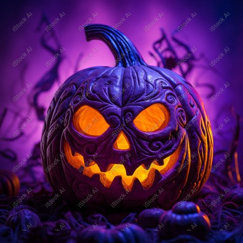 A pumpkin with Halloween lights against a purple background, exu