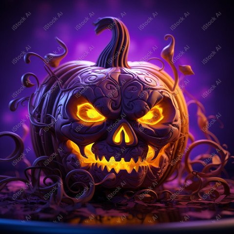 A pumpkin with Halloween lights against a purple background, exu