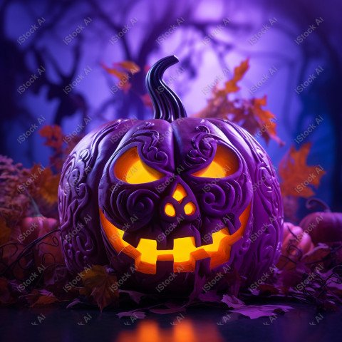 A pumpkin with Halloween lights against a purple background, exu