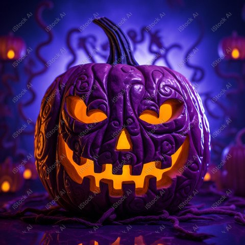 A pumpkin with Halloween lights against a purple background, exu