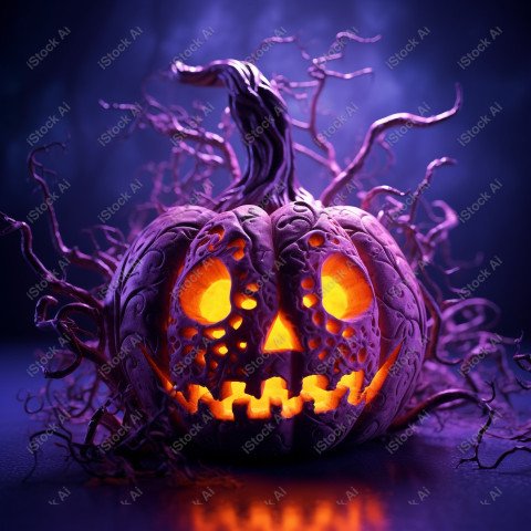 A pumpkin with Halloween lights against a purple background, exu