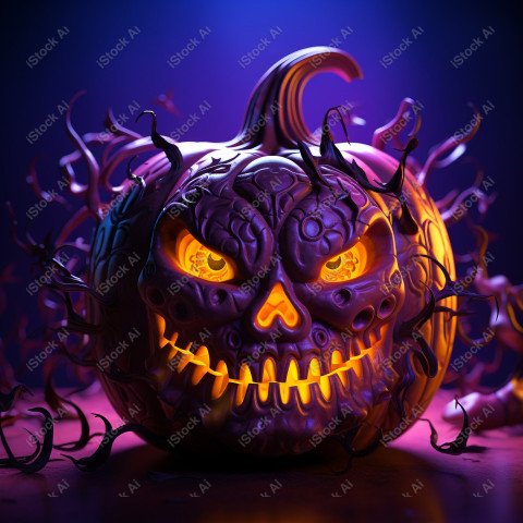 A pumpkin with Halloween lights against a purple background, exu