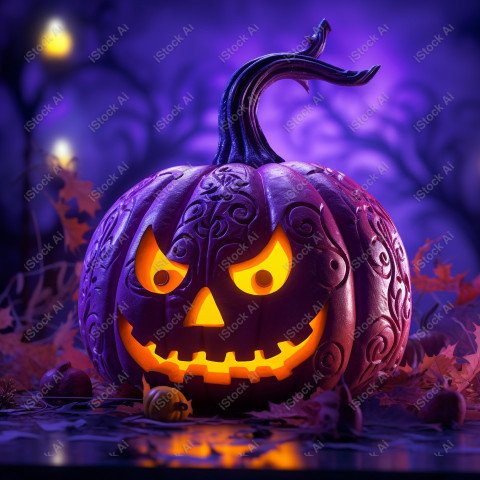 A pumpkin with Halloween lights against a purple background, exu