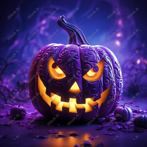 A pumpkin with Halloween lights against a purple background, exu