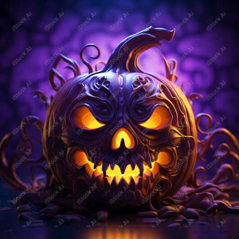 A pumpkin with Halloween lights against a purple background, exu