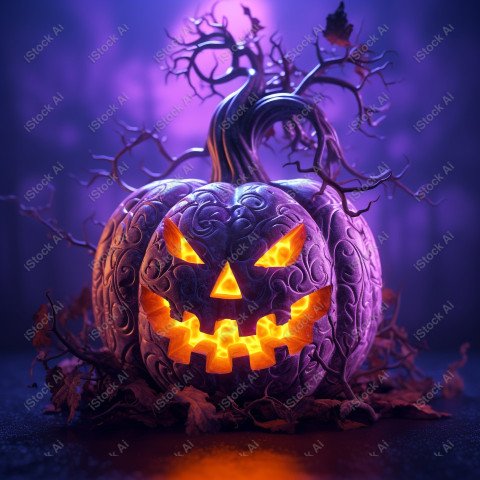 A pumpkin with Halloween lights against a purple background, exu