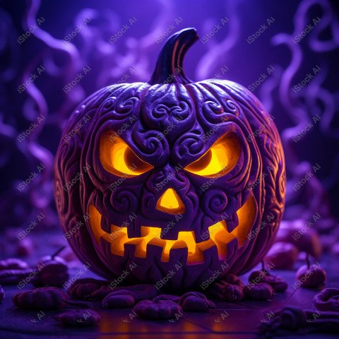 A pumpkin with Halloween lights against a purple background, exu