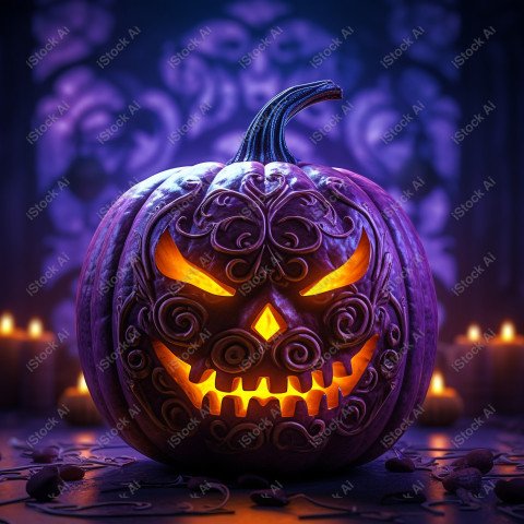 A pumpkin with Halloween lights against a purple background, exu