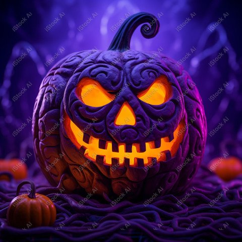 A pumpkin with Halloween lights against a purple background, exu