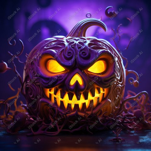 A pumpkin with Halloween lights against a purple background, exu