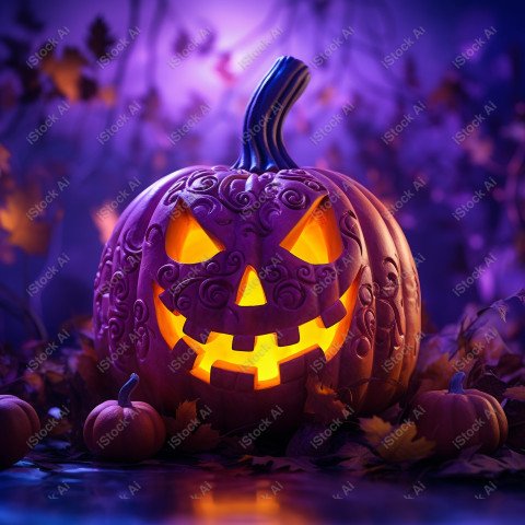 A pumpkin with Halloween lights against a purple background, exu