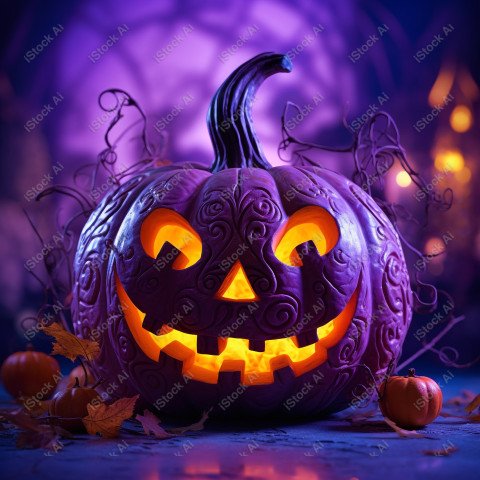 A pumpkin with Halloween lights against a purple background, exu