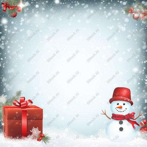 A Christmas background with snowman, red and white colors