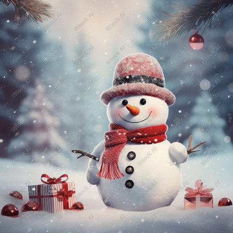 A Christmas background with snowman, red and white colors