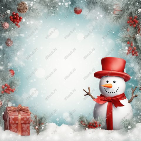 A Christmas background with snowman, red and white colors