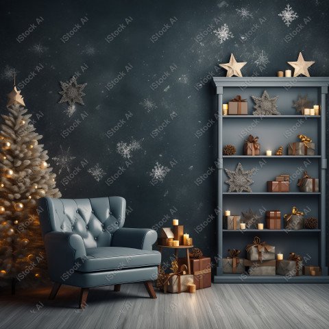 Background of a room in black colors decorated with a Christmas