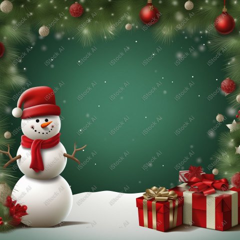 Christmas background with space for text and snowman and gifts