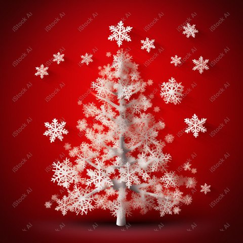 Red background of Merry Christmas card, Christmas tree and snow