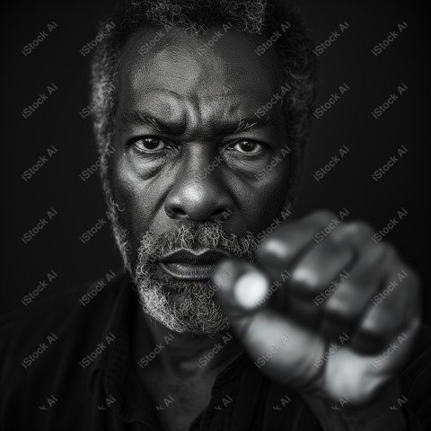 Black and white photograph, intense gaze of a proud African American man, fist raised symbolizing Black Power (6)