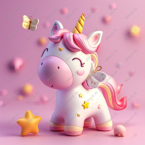 Cute unicorn, pink background, with butterfly and stars