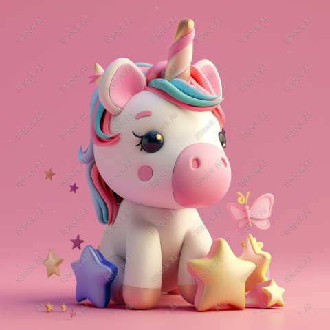 Cute unicorn, pink background, with butterfly and stars