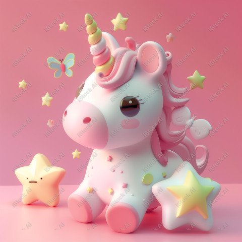 Cute unicorn, pink background, with butterfly and stars