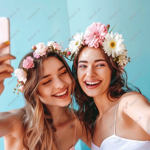 Beautiful women with flowers taking selfie, pink background (12)